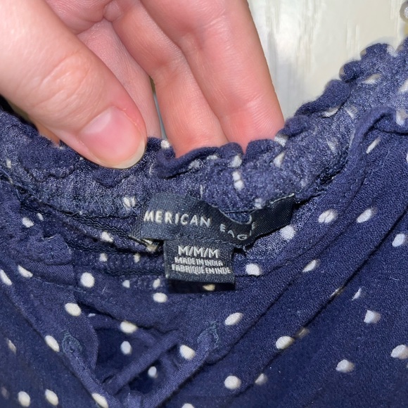 Women’s AE Navy Blue Polkadot Laced Up Blouse Medium - Picture 2 of 2